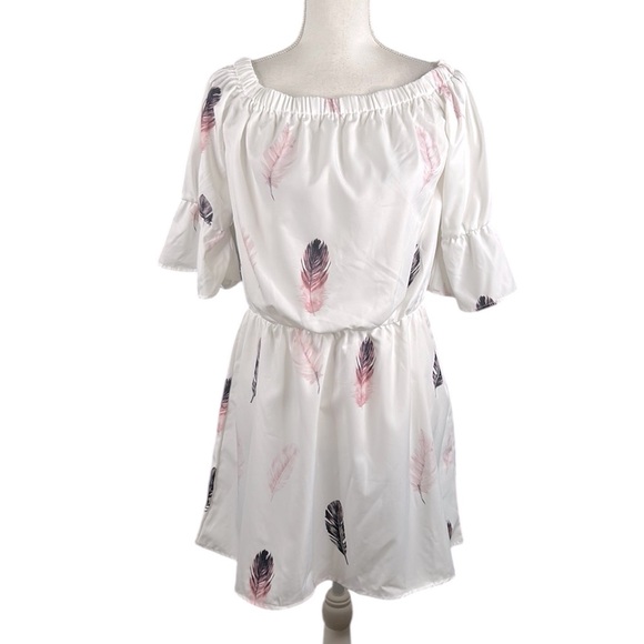 Boho Festival Coachella Off The Shoulder Feather Print Summer Dress Size Large - Picture 1 of 5